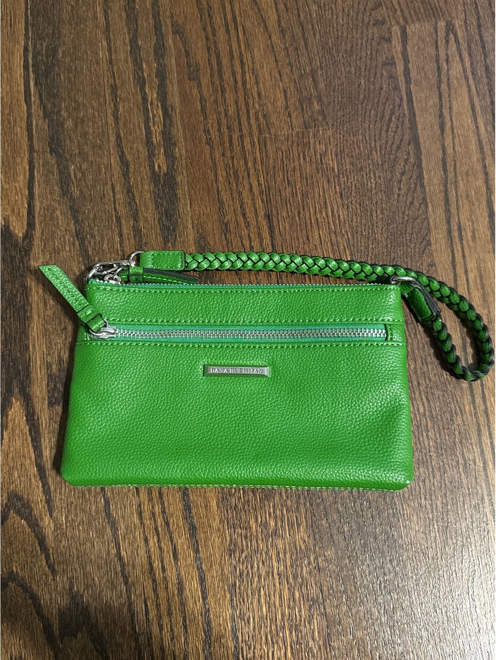 Dana Buchman Green Pebbled Leather Wristlet with Braided Strap and Front Zipper